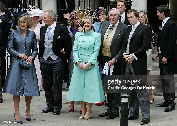 Annabel Elliott, Simon Elliott, Laura Parker Bowles, Major Bruce Shand and Tom Parker Bowles depart the Civil Ceremony following the marriage between...