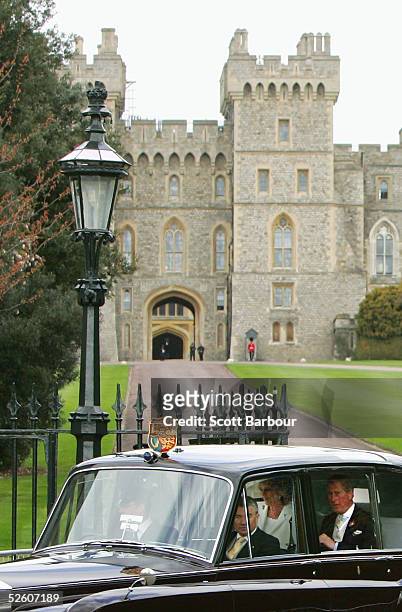 Britain's HRH Prince Charles & Mrs Camilla Parker Bowles depart Windsor Castle together by car to attend their Civil Ceremony where they will be...