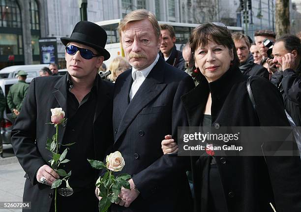 Ben Becker, Otto Sander and Monika Hansen arrive for funeral services for the late German actor Harald Juhnke at the Gedechniskirche church April 8,...