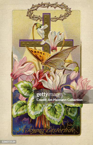 Illustration for Easter postcard featuring crucifix, crown of thorns, lilies, and butterfly.