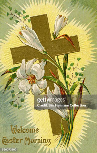 Illustration for Easter postcard featuring crucifix and white lilies.