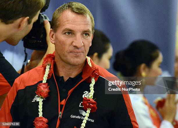 Liverpool coach Brendan Rodgers looks on as he arrives at Suvarnabhumi airport in Samut Prakan, Thailand on July 13, 2015. Liverpool will play an...