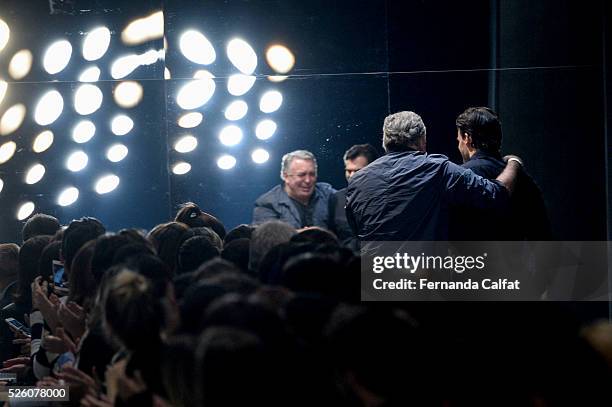 Murilo Lomas and Sig Bergamin walk at Murilo Lomas Runway at SPFW Summer 2017 at Ibirapuera's Bienal Pavilion on April 28, 2016 in Sao Paulo, Brazil.