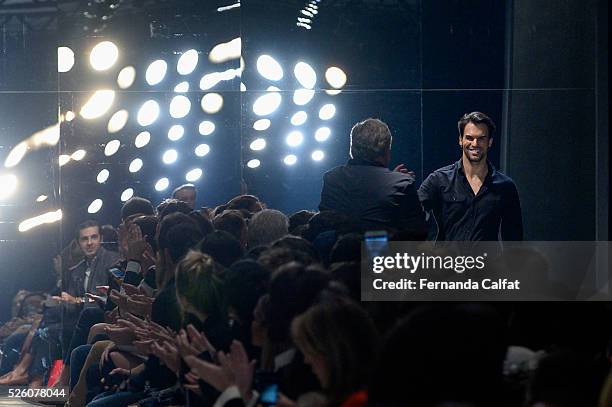 Murilo Lomas and Sig Bergamin walk at Murilo Lomas Runway at SPFW Summer 2017 at Ibirapuera's Bienal Pavilion on April 28, 2016 in Sao Paulo, Brazil.