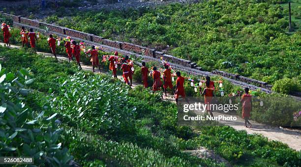 Indian hindu devotees moves for their Kanwar yatra on the first day of sacred month of Shravan in Allahabad on August 1,2015. The Yatra takes place...