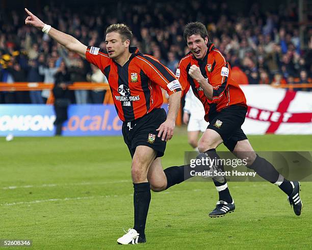 Giuliano Grazioli celebrates the winning goal with Ben Strevens behind during the Nationwide Conference match between Barnet and Halifax Town at the...
