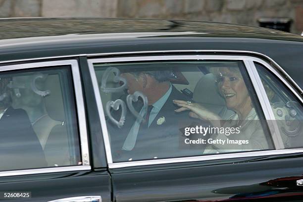 The Prince of Wales and The Duchess of Cornwall, Camilla Parker Bowles, depart through King Henry VIII gate for their honeymoon in Scotland, at...