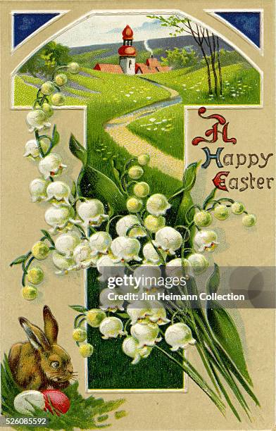 Illustration for Easter postcard featuring brown rabbit and scenic view of field with path leading to church in distance.