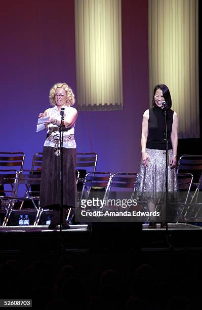 Revlon/UCLA Breast Center Director Dr. Helena Chang and Sherry Goldman greet the audience at "What a Pair! 3" at UCLA's Royce Hall on April 8, 2005...