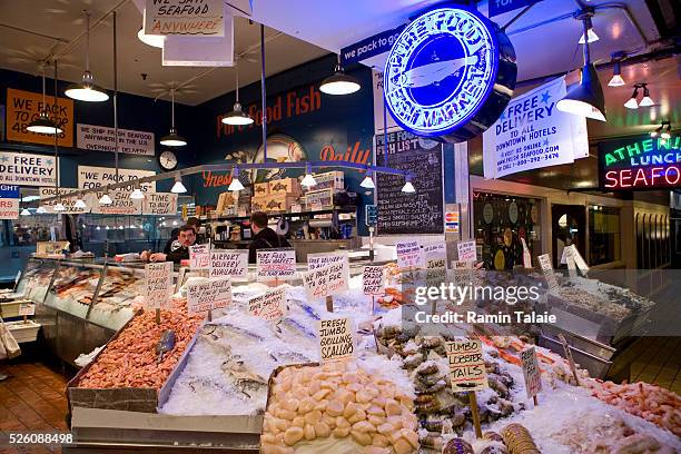 Fresh fish in the historic Pike Place Market in Seattle, Washington.