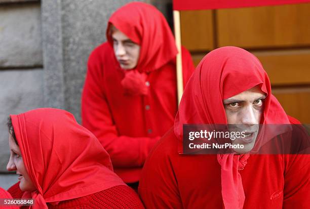 Activists depicting elderly soviet generation grandmothers who likes russian TV chanels, during their performance in Kiev, Ukraine, 03 December,...