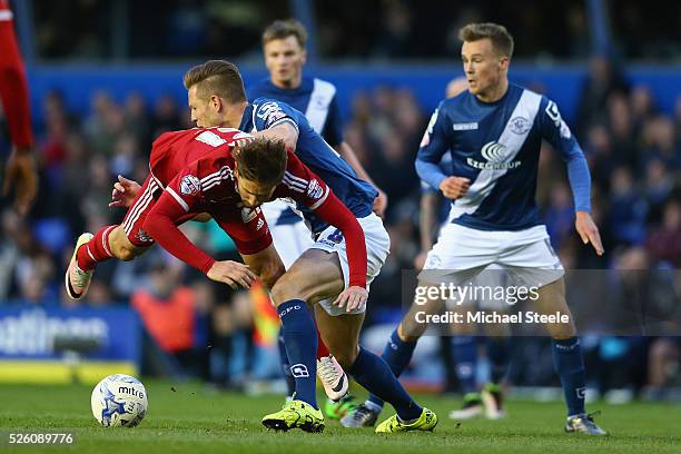 Gaston Ramirez of Middlesbrough is fouled by Michael Morrison of Birmingham City during the Sky Bet Championship match between Birmingham City and...