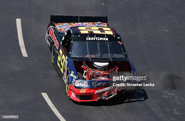 Brad Keselowski, driver of the SUBcrews.com Ford, drives out of the pits during the NASCAR Craftsman Truck Series Kroger 250 on April 9, 2005 at...