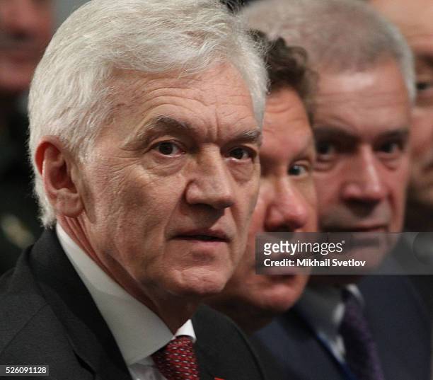 Russian billionaire and businessman Gennady Timchenko, Gazprom's CEO Alexei Miller and President of Lukoil Vagit Alekperov attend the meeting of the...