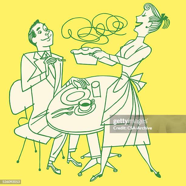 ilustraciones, imágenes clip art, dibujos animados e iconos de stock de ama de casa llevar la cena a su marido - estereotipo-de-géneros
