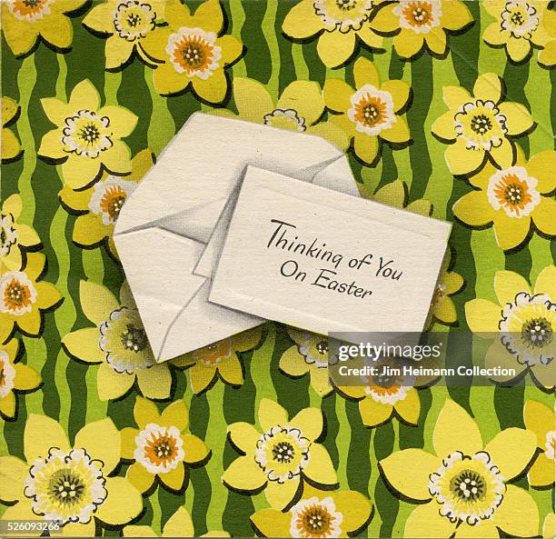 Illustration for Easter greeting card featuring letter and and envelope against floral background.