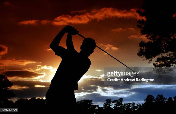 Luke Donald of England hits a tee shot on the 15th hole during the third round of The Masters at the Augusta National Golf Club on April 9, 2005 in...
