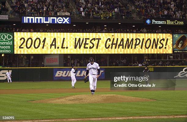 Banner announces the Mariners'' American league western division title win after the game against the Anaheim Angels at Safeco Field in Seattle,...