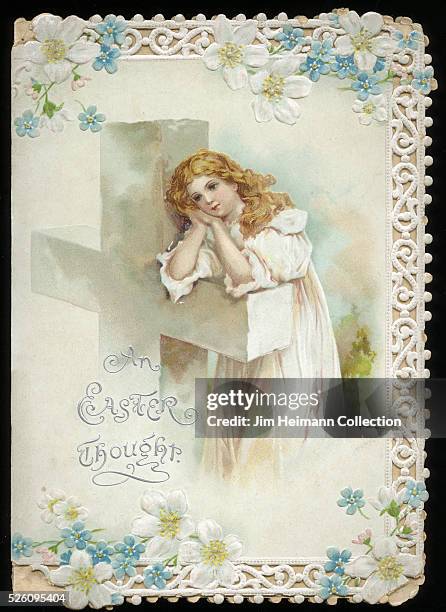 Illustration for die-cut Easter greeting card featuring young woman leaning on crucifix day dreaming.