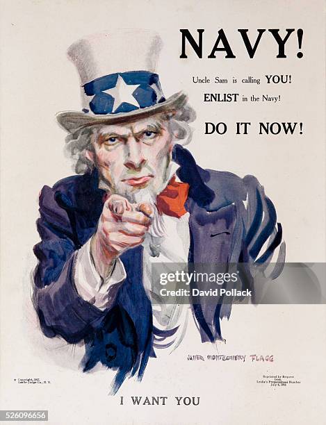 World War One Navy Recruiting Poster, Uncle Sam, in red white and blue clothing, points at the viewer, with the command I WANT YOU. Illustrated by...