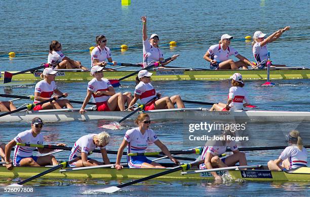 Rowing, United States Women's eight, Gold Medal, World Champions, exhausted at the finish, Canadian and Great Britain's crews in the forground,...