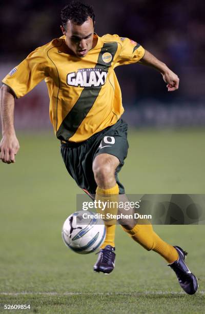 Landon Donovan of the Los Angeles Galaxy controls the ball against Real Salt Lake in their Major League Soccer match on April 9, 2005 at the Home...