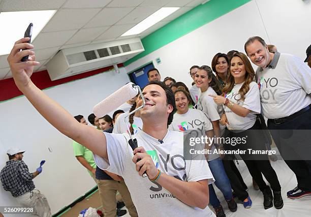 Alejandro Berry, Lindsay Casinelli and Raul de Molina are seen during Univision's Media Centers/Week of Service at Ruben Dario Middle School on April...