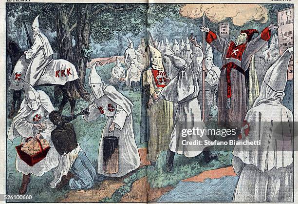 Illustration of Ku Klux Klan members at initiation ceremony