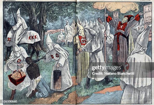 Illustration of Ku Klux Klan members at initiation ceremony