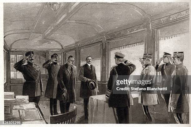 Illustration depicting the signing of the armistice in a railroad car at Le Francport near Compiègne, France on November 11, 1918.