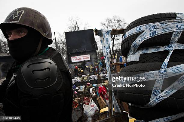 Protester stays on barricade on Hrushevskoho street in Kiev, on February 11, 2014.