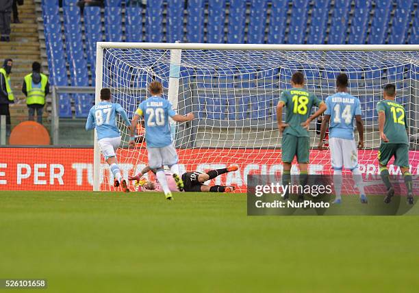 Antonio Candreva takes the penalty during the Italian Serie A football match S.S. Lazio vs U.S. Palermo at the Olympic Stadium in Rome, on november...