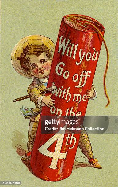 Illustration for Fourth of July postcard featuring young boy holding oversized firework.