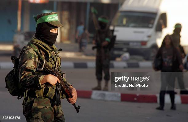 Palestinian militants from Izz al-Din al-Qassam Brigades, dependent of movement Hamas, during a marking the Nakba or the ''Day of Catastrophe'' in...