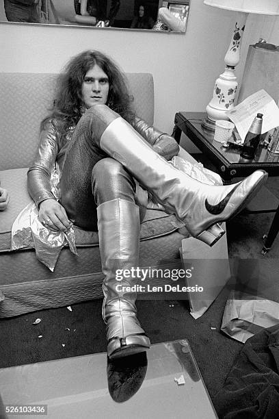 American guitarist Michael Bruce, of the Alice Cooper hard rock band, relaxing in a room at The One Fifth Avenue Hotel, between their early and late...