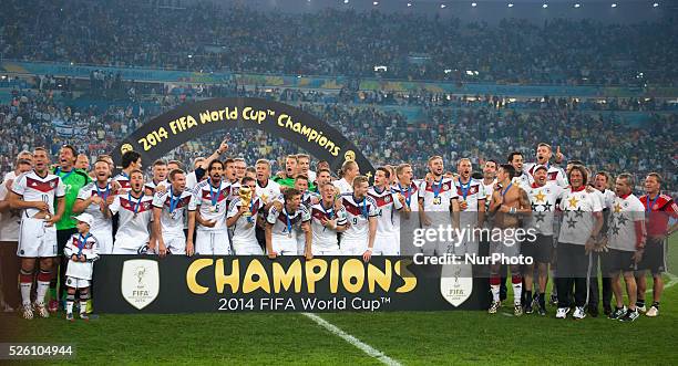 July: Germany team celebration in match between Germany and Argentina, corresponding to the 2014 World Cup final, played at the Maracana Stadium,...