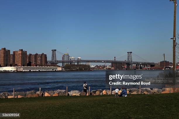 Williamsburg Bridge, photographed from Brooklyn Bridge Park in Brooklyn, New York on April 15, 2016.
