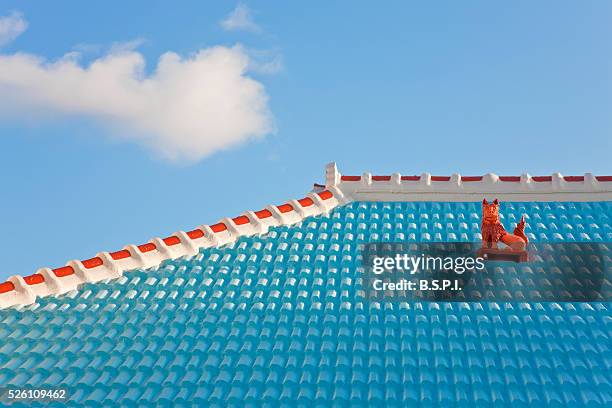 rooftop shisa guardian lion on ikei-jima island in japan's okinawa prefecture - okinawa prefecture fotografías e imágenes de stock