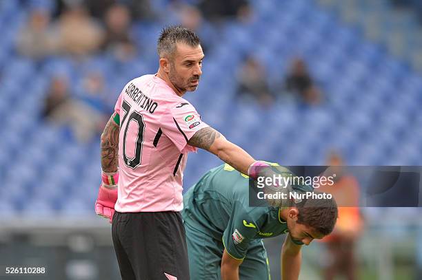 Palermo's goalkeeper Stefano Sorrentino gestures during the Italian Serie A football match S.S. Lazio vs U.S. Palermo at the Olympic Stadium in Rome,...