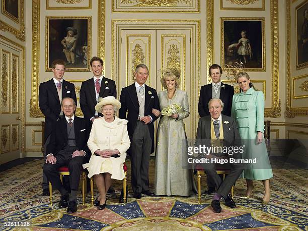 Prince of Wales and his new bride Camilla, Duchess of Cornwall, with their families Prince Harry, Prince William, Tom and Laura Parker Bowles Duke of...