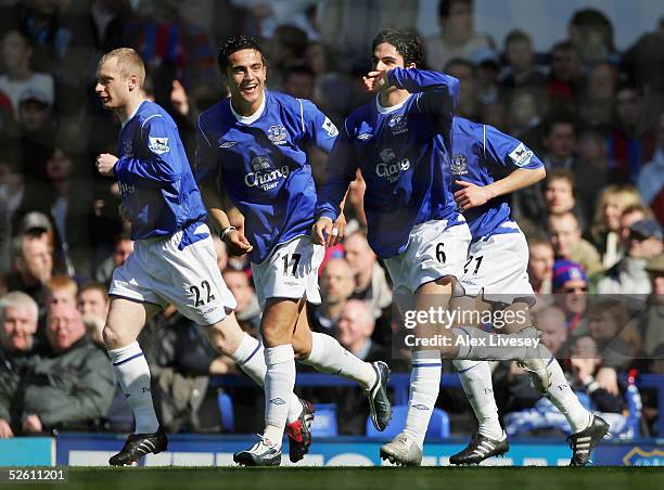 Mikel Arteta of Everton celebrates his goal during the Barclays Premiership match between Everton and Crystal Palace at Goodison Park on April 10,...