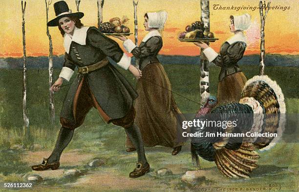Illustration for 1908 Thanksgiving postcard featuring male pilgrim leading turkey and two female pilgrims with platters of food.