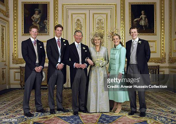 Prince Charles and The Duchess Of Cornwall, Camilla Parker Bowles pose with their children Prince Harry, Prince William, Laura and Tom Parker Bowles,...