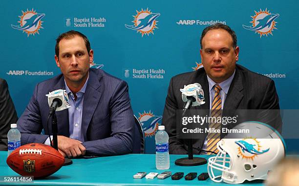 Head coach Adam Gase and Executive Vice President, Football Operations Mike Tannenbaum of the Miami Dolphins talks to members of the press concerning...