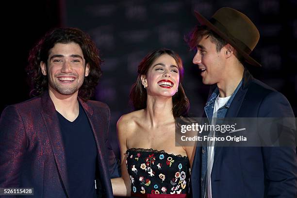 Adrian Salzedo, Martina Stoessel and Jorge Blanco perform during the 'Tini - The New Life Of Violetta' Premiere In Rome on April 29, 2016 in Rome,...