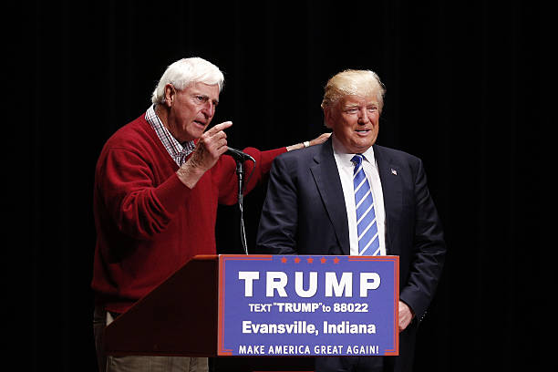 Former Indiana basketball coach Bobby Knight speaks while standing next to Donald Trump, president and chief executive of Trump Organization Inc. And...