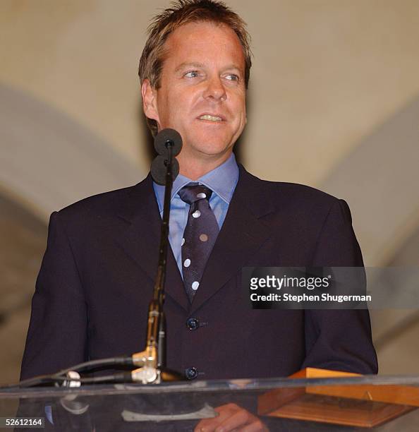 Actor Kiefer Sutherland speaks at Chrysalis' Fourth Annual Butterfly Ball at a private residence on April 9, 2005 in Bel Air, California.