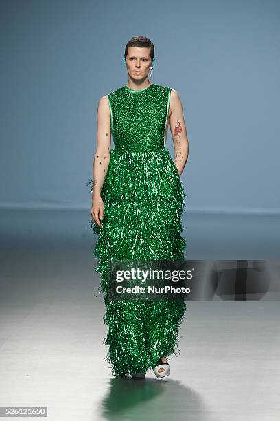 Spanish model Bimba Bose walks the runway in the Davidelfin fashion show during the Mercedes Benz Fashion Week Madrid Spring/Summer 2015 at Ifema on...