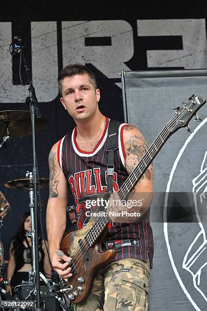 Mark Davis with Emmure performs during the Rockstar Energy Drink Mayhem Festival at The Cynthia Woods Mitchell Pavilion on August 10, 2014 in The...