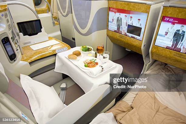 Pasay City, Philippines - A general view of the Business Class section of the Emirates' A380 which arrived in a one-off trip to Manila at the Ninoy...